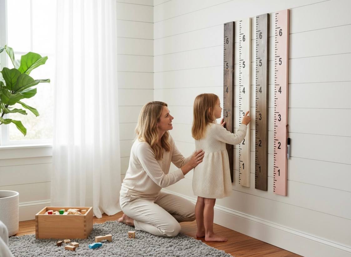 Kids wooden growth chart on wall